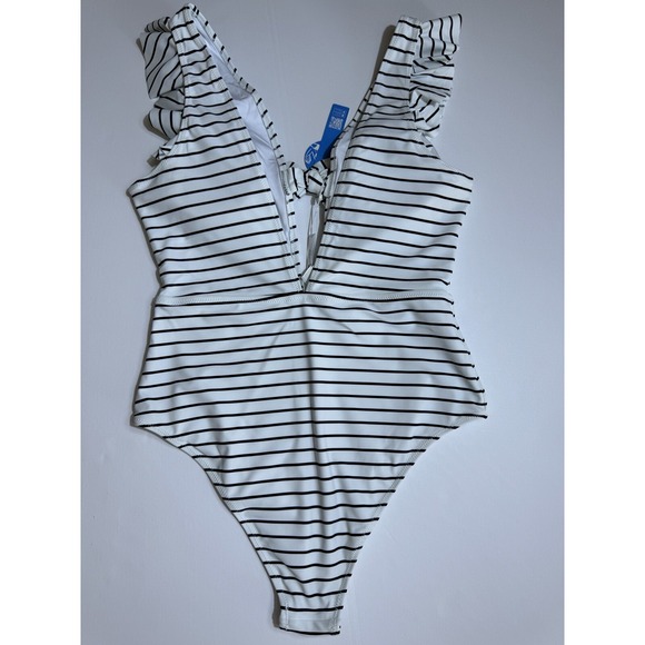 CUPSHE‎ Women's Swimsuit One Piece White Striped Deep V Neck Bathing Suit Sz L - Picture 5 of 7